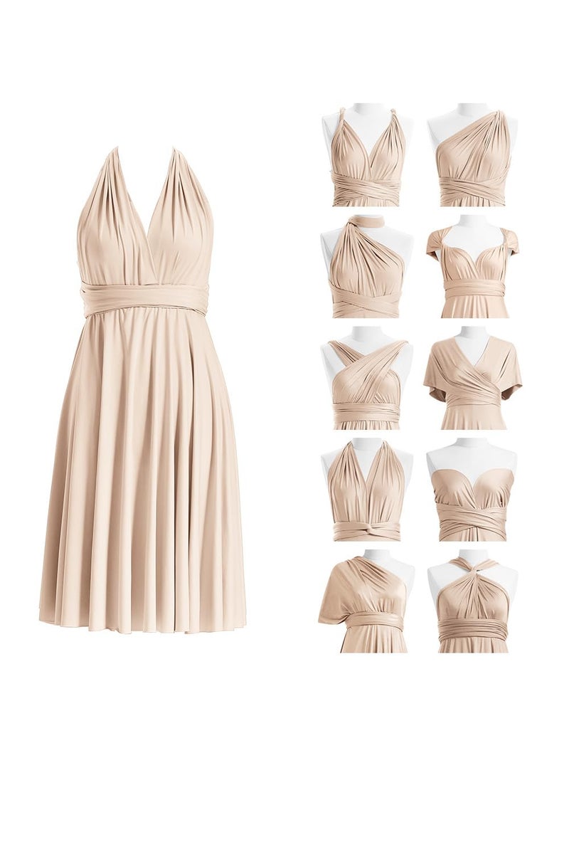 72styles Short Infinity Dresses for Bridesmaids Convertible Midi Women Transformer Multiway Twist Wrap Gown Champagne - Image 1